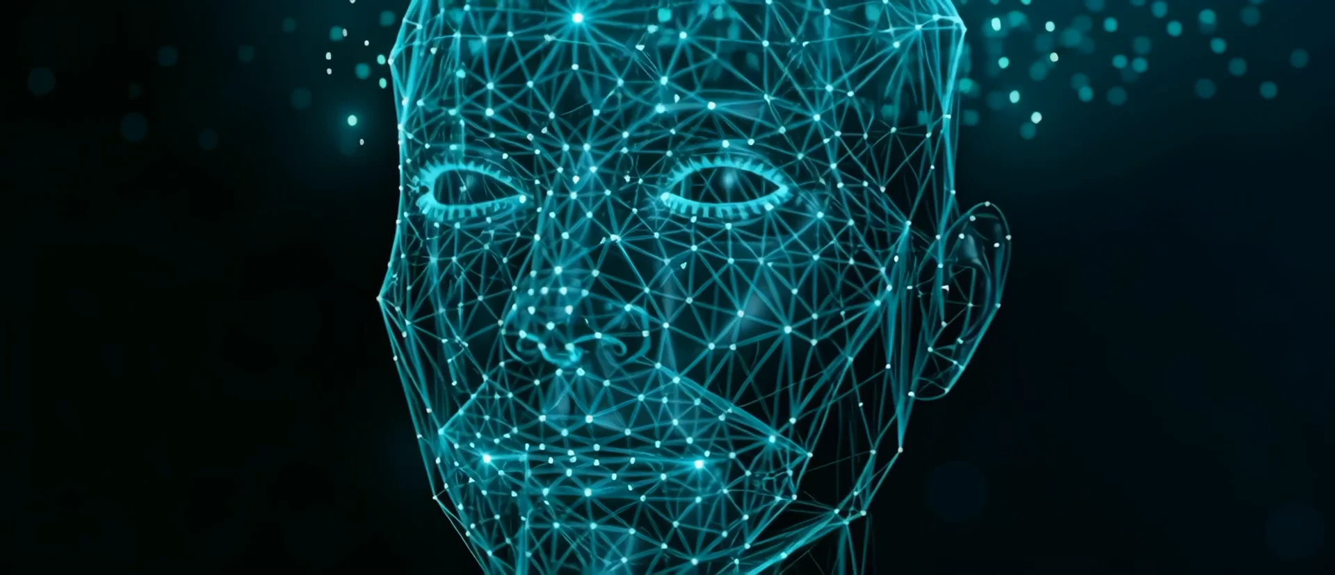 Illustration of a facial mesh overlaid on a portrait